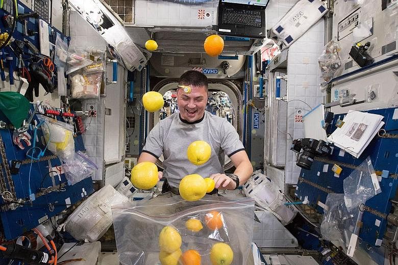Simple everyday tasks take a little more effort without the help of gravity. Here, Nasa astronaut Kjell Lindgren makes a game out of it as he corrals the supply of fresh fruit that arrived on Tuesday on the Kounotori 5 H-II Transfer Vehicle. Visiting