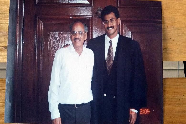 PAP candidate K. Muralidharan Pillai with his father P.K. Pillai, a former political detainee, in a 1996 photo. The older Mr Pillai passed away in 2007.