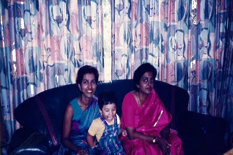 Above: Ms Jesudason riding a horse up a mountain in Nepal, not long after she was diagnosed with a brain aneurysm. Below: Ms Jesudason with her son and sister in a photo taken in 1995 when Mallika had just moved back to Singapore. Ms Leela Jesudason 