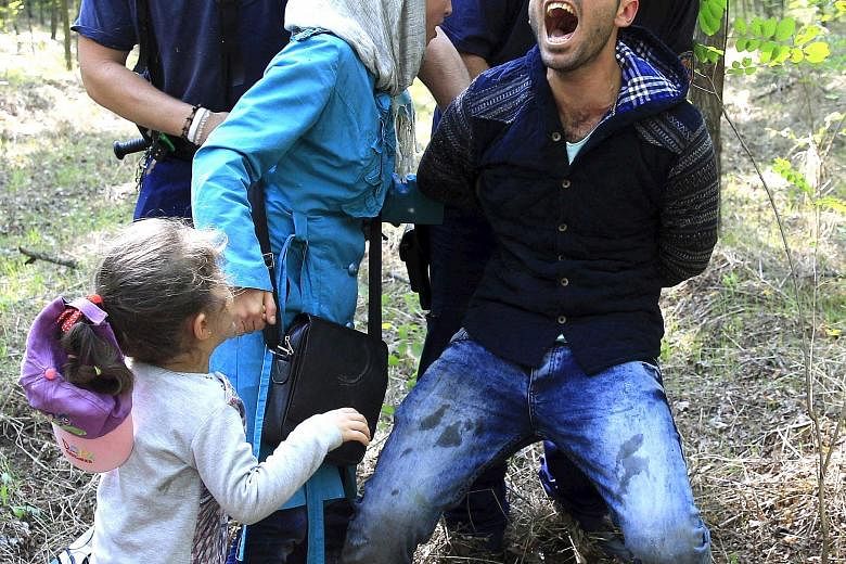 Hungarian police detaining a Syrian migrant family at the border with Serbia last week.