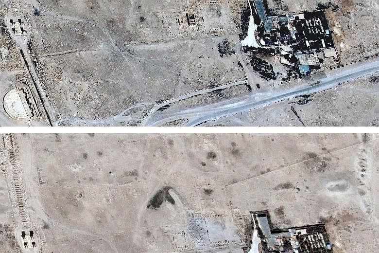 Satellite images showing the Baal Shamin temple in June (at top), and what is left in an image taken last week.