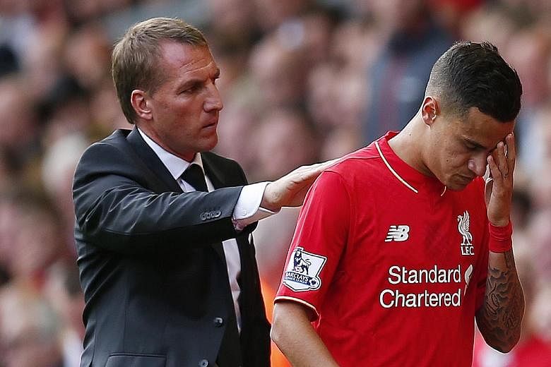 A dismal match for Liverpool manager Brendan Rodgers got worse after playmaker Philippe Coutinho was sent off in the second half of the Reds' 0-3 capitulation against West Ham at Anfield.