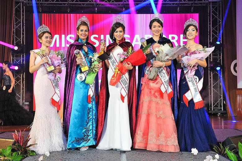 Three out of 23 finalists came up tops at the grand finals of the Miss Singapore Beauty Pageant 2015 at Orchid Country Club on Saturday. From left: Student Vanessa Tan, 20, was the 2nd runner-up. Freelance educator Hashiena Jan Ayub, 22, won the titl