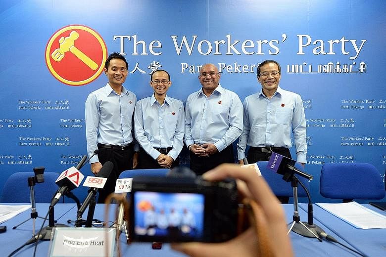 Lawyer Gurmit Singh (third from left) appeared at a SingFirst event after he quit the Workers' Party, but then retracted his resignation. He was introduced as a WP candidate yesterday, along with (from left) Mr Kenneth Foo, a manager at a voluntary w
