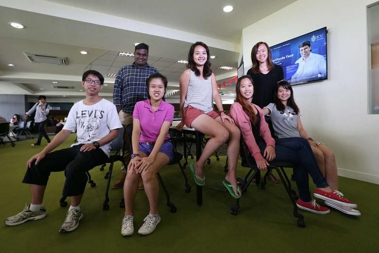 Singaporean students (from left) Jonathan Peh, 22; Santhosh Haridass, 23; Ong Yu Wen, 18; Ho Puay Ling, 22; Kimberly Goh, 21; Jessa Tang, 21; and Jessie Teh, 21, at James Cook University Singapore. Singaporeans now make up 38 per cent of the student popul