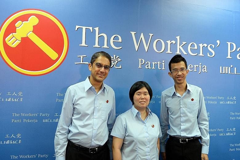 The three new Workers' Party candidates unveiled yesterday were (from left) consultancy firm chief executive Leon Perera, social worker Frieda Chan Sio Phing and charity project executive Bernard Chen.