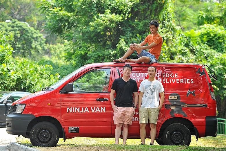 Ninja Van's co-founders Boxian Tan (on top of the van), Lai Chang Wen (black T-shirt) and Shaun Chong. They say their algorithm is so efficient they use one-third the manpower of other delivery systems, allowing them to drive down their prices while 