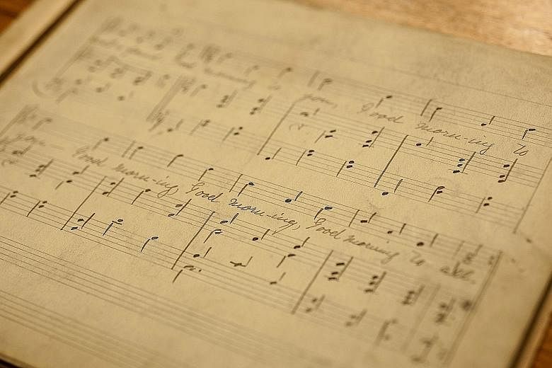 Sheet music for the song Good Morning To All seen in a photo provided by the University of Louisville. The melody is now sung with the familiar tribute, Happy Birthday To You.