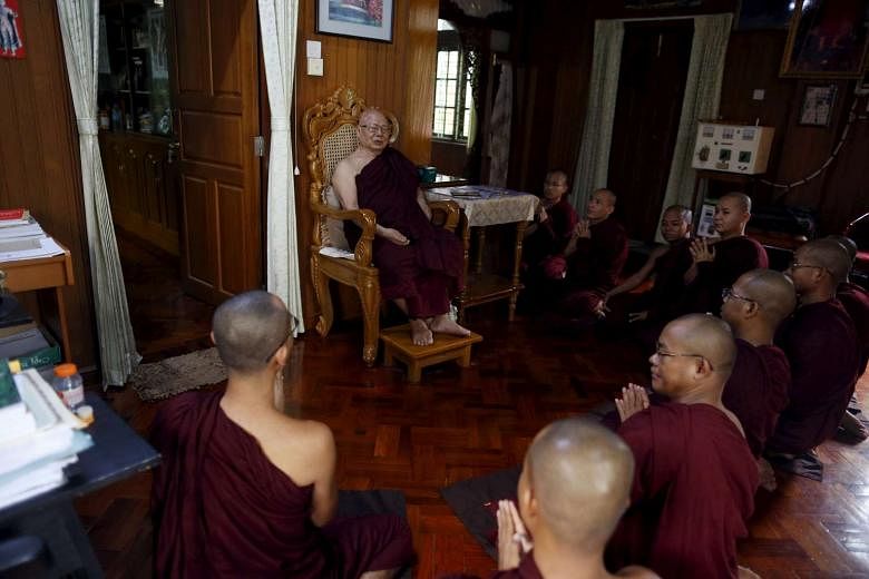 Ashin Tilawkar Biwonsa, who is the co-founder and chairman of radical Buddhist group Ma Ba Tha, during a meeting at the group's head office in Yangon, which foreign diplomats regularly visit. 