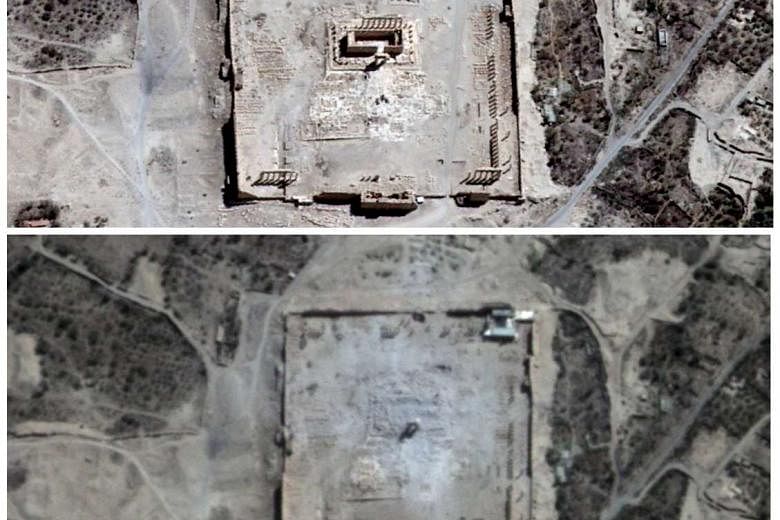 Satellite images showing the site of the Temple of Baal taken last Thursday (top) and on Monday (above). The temple was built between 32BC and the second century. 