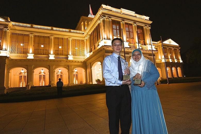 Dr Tay Lee Yong and Madam Halimah Jumaha were among the six teachers to receive the President's Award for Teachers yesterday.