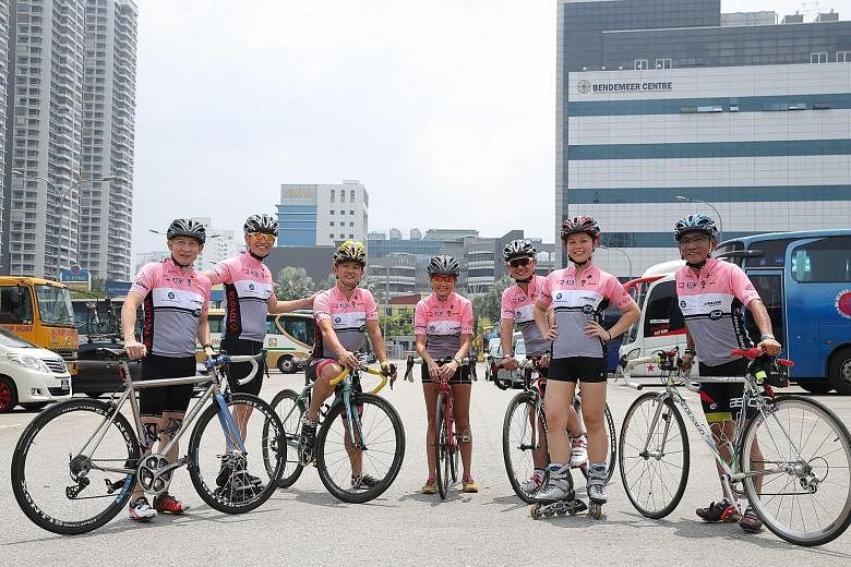 The Charity Bike 'n' Blade team includes (from left) event chairman Sidney Lim, co-chairman Albert Yeo and participants Peh Chong Eng, Dorothy Yeo, Clement Goh, Sarah-Cae Lim and Steven Lim.