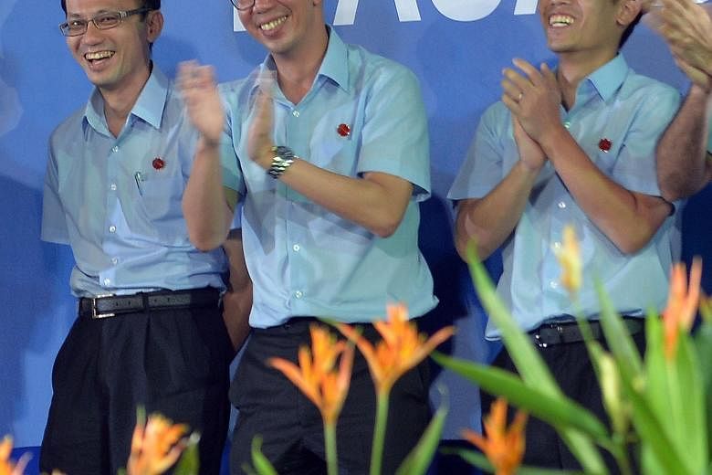 At Yishun Stadium yesterday were WP candidates (from left) Daniel Goh and Leon Perera (both East Coast GRC); Yee Jenn Jong and Terence Tan (both Marine Parade GRC); and Gerald Giam (East Coast GRC).