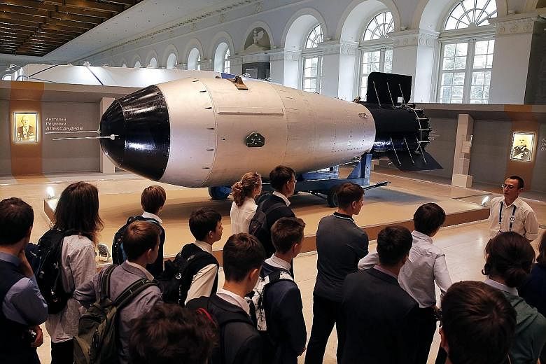 A mock Soviet AN-602 hydrogen bomb at the exhibition, Chain Reaction of Success, being held in Moscow to mark the 70th anniversary of Russia's nuclear history.
