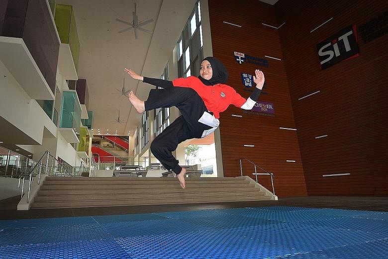 Ms Haziqah Haron executing a flying kick, more often seen when pesilats engage in choreographed fights. Practising silat helps strengthen core and leg muscles, which can aid in everyday tasks such as lifting items. As silat is a contact sport, care m