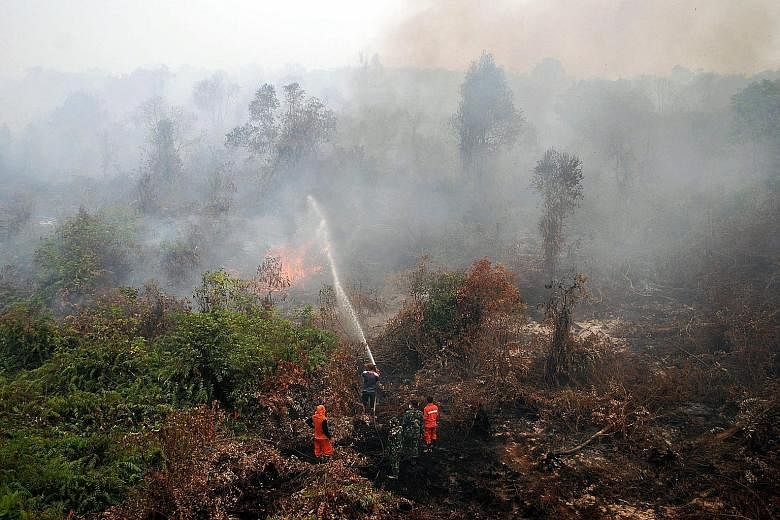 Indonesian firefighters and military personnel extinguishing wildfires in Riau province. The number of fires in Sumatra and Kalimantan has risen in recent weeks.