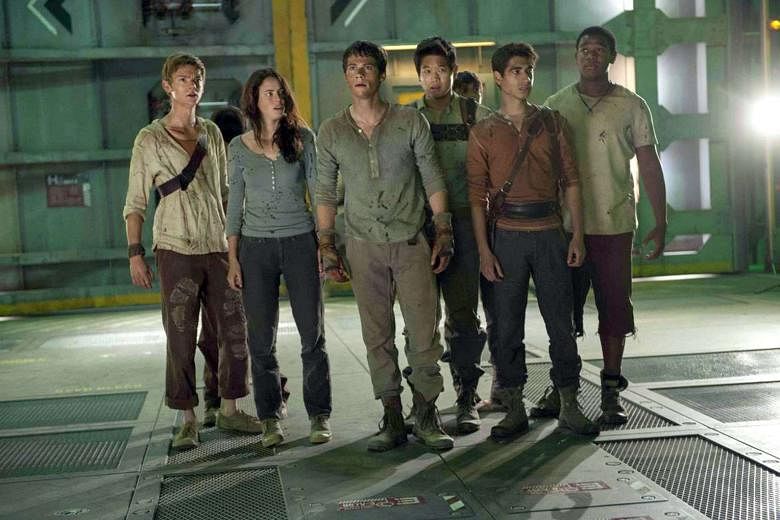 (From left) Thomas Brodie-Sangster, Kaya Scodelario, Dylan O'Brien, Lee Ki Hong, Alexander Flores and Dexter Darden in Maze Runner: The Scorch Trials. 