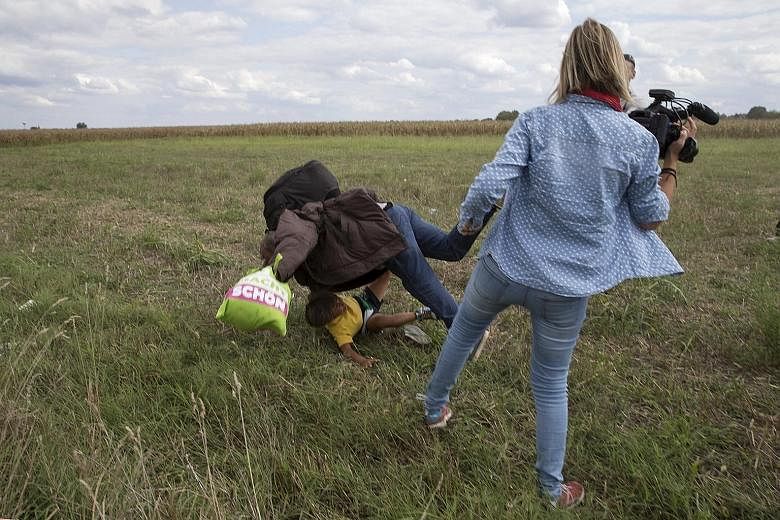 A migrant with a child (above) running away before being tripped (right) by the TV camerawoman filming them in a Hungarian village this week.
