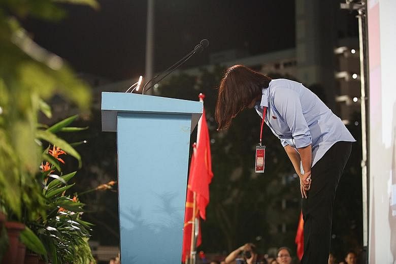 From top: A disappointed Workers' Party supporter at Hougang Stadium having a quiet moment; Workers' Party Punggol East candidate Lee Li Lian bowing as she thanks her supporters at Hougang Stadium; Singapore Democratic Party chief Chee Soon Juan deli