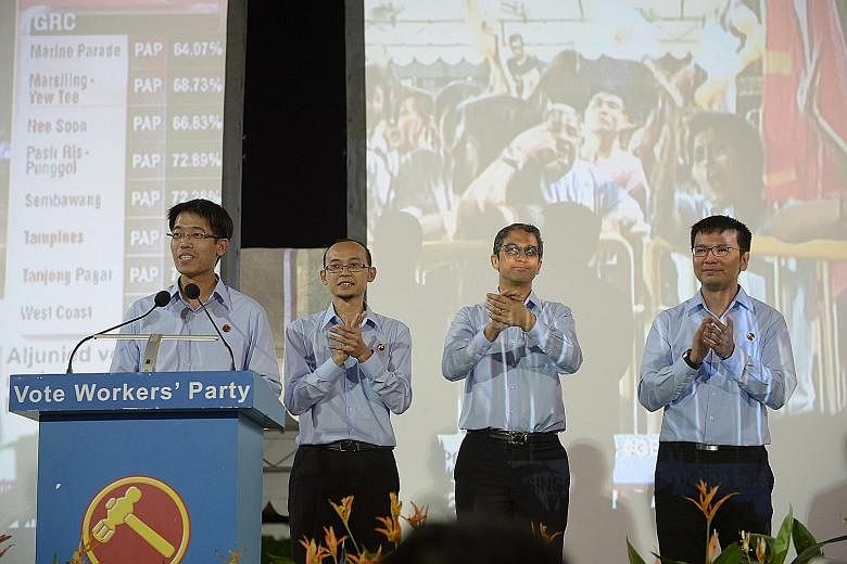 After Ms Lee Li Lian, the next best performer is fellow WP member Dennis Tan (left), who stood in Fengshan SMC, followed by the WP's East Coast GRC team of (above, from left) Mr Gerald Giam, Mr Mohamed Fairoz Shariff, Mr Leon Perera and Dr Daniel Goh