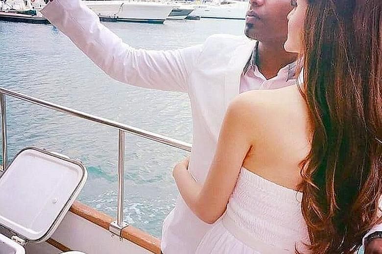 Mr Vicnesh Raja, a relationship manager with an IT company, 29, proposed to his girlfriend, Ms Arveen Kaur (both left), 27, a teacher, on a yacht on Valentine's Day this year.