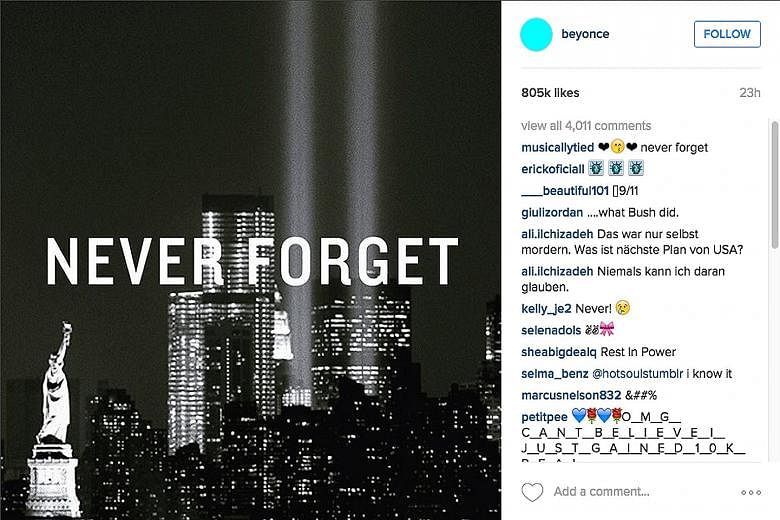Netizens paid tribute to victims of 9/11, with a photo by pop singer Beyonce garnering 805,000 likes within 24 hours. The Workers' Party rally in Punggol Field Walk on Sept 5. Political pundits online had pointed to the massive turnout at WP rallies 