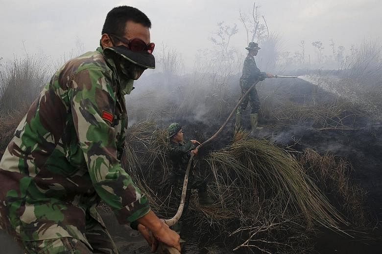 Indonesian soldiers trying to extinguish a fire at a palm oil plantation in Indonesia's South Sumatra province yesterday. Jambi and South Sumatra provinces have recorded the most fires in the past week.