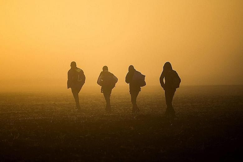Migrants walking through a field to avoid checkpoints along railway tracks at the Serbian-Hungarian border near the town of Roszke, Hungary, yesterday. Thousands of refugees are streaming in daily to an under-equipped camp in Roszke, and medical work