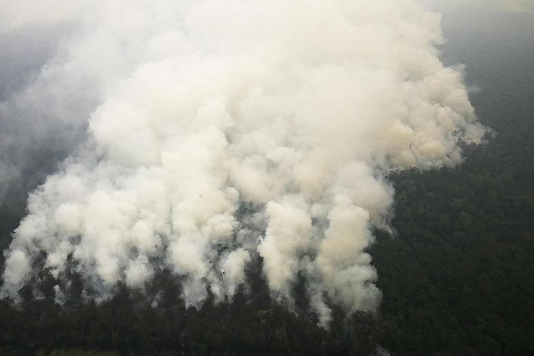 A helicopter dropping water to extinguish a raging fire in Ogan Komering Ilir, in Indonesia's South Sumatra province, on Sunday. Above: An aerial view of smoke rising from a burning forest in Ogan Komering Ulu last Thursday. Left: A worker donning pr
