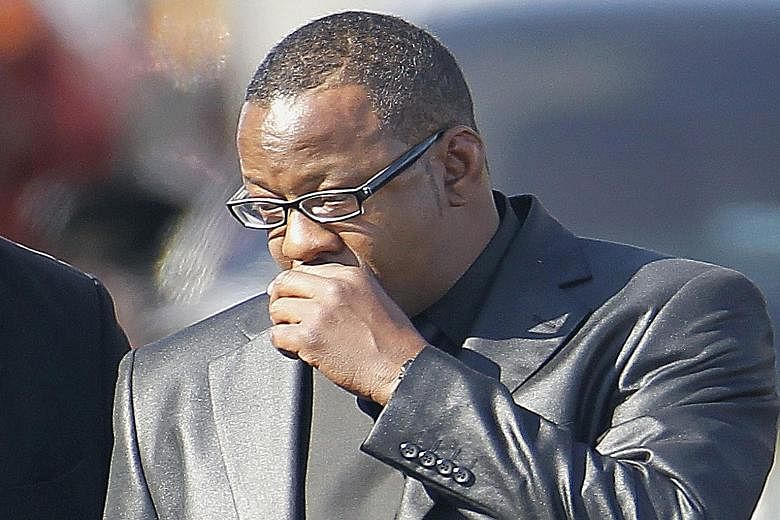 Bobby Brown at the funeral of his daughter Bobbi Kristina Brown in New Jersey in February.