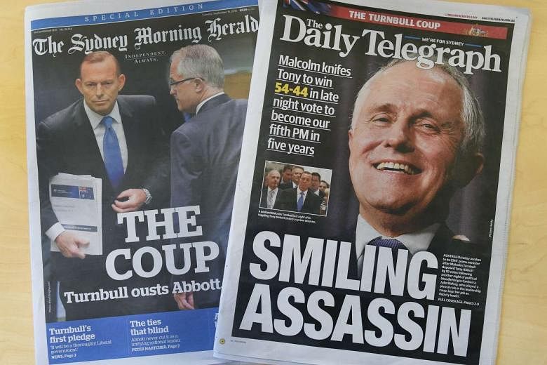 Mr Malcolm Turnbull's ouster of former prime minister Tony Abbott in a sudden party-room vote on Monday madethe front pages of Australian newspapers. He was sworn in as Australia's 29th Prime Minister yesterday. 