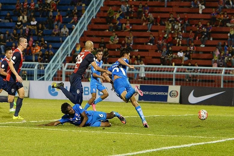 Safuwan Baharudin, seen here scoring the LionsXII's first goal, also came up with the winning header in stoppage time.