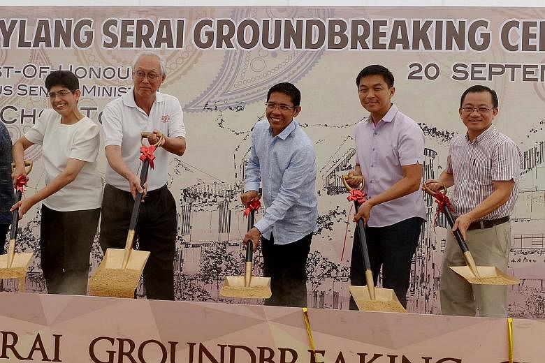 (Above, from left) Associate Professor Fatimah Lateef, Mr Goh Chok Tong, Dr Maliki Osman, Mr Tan Chuan-Jin and Mr Seah Kian Peng at the groundbreaking of Wisma Geylang Serai yesterday. (Below) An artist's impression of the centre, which is set to ope