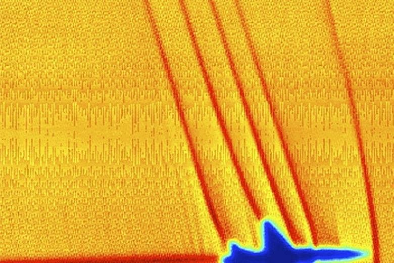 A Northrop T-38C supersonic jet trainer captured mid-flight in this image of supersonic shock waves. The image released by Nasa was taken using ground-based cameras and is a result of a high-speed photography technique called "schlieren". The shock w