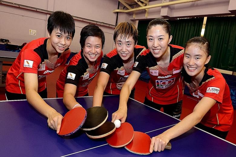 The Singapore women's team will feature new faces at the Asian Table Tennis Championships in Pattaya, Thailand. Feng Tianwei (centre) and Yu Mengyu (second from right) will lead a new-look team including teenagers Goi Rui Xuan (left), Eunice Lim (sec