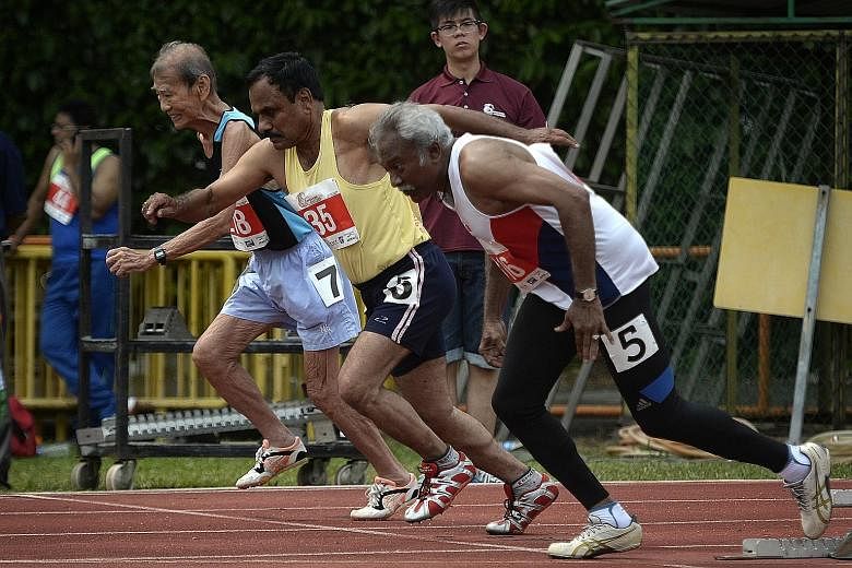 About 500 athletes aged 35 and above will be taking part in the two-day Singapore Masters Open Track and Field Championships at the Toa Payoh Stadium. Yesterday saw the competition's most senior athlete, 85-year-old Chan Meng Hui (left), getting a fi