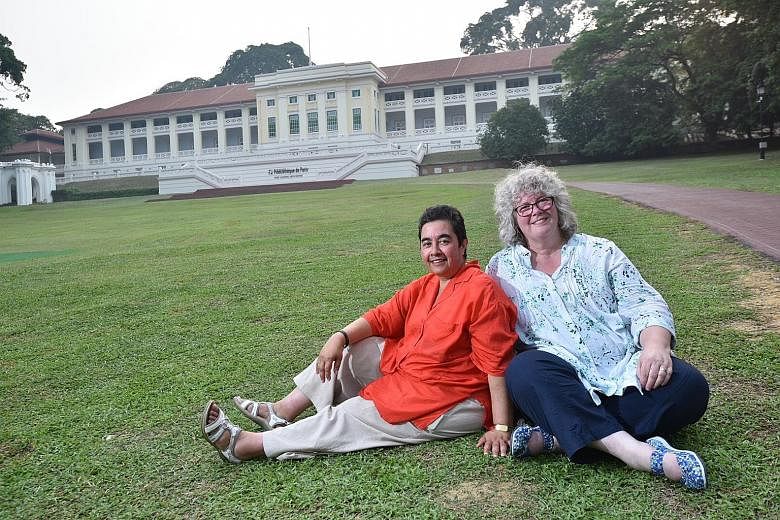 Ms Abbott (far left), who made headlines in 1958 (above) after she was put up for adoption by her mother through The Straits Times, visited Fort Canning Park with Ms Stevens during their trip here. Ms Abbott's adoptive father had worked there as a Br