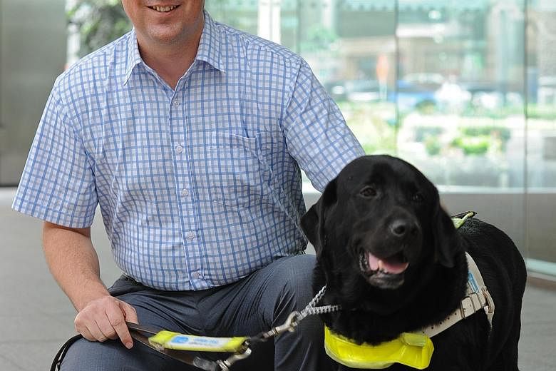 Guide Dogs Association of the Blind chairman Amos Miller, who is blind, with his guide dog Trevor. He hopes to raise the number of people using guide dogs here from seven to 30 or 40 in the next few years.