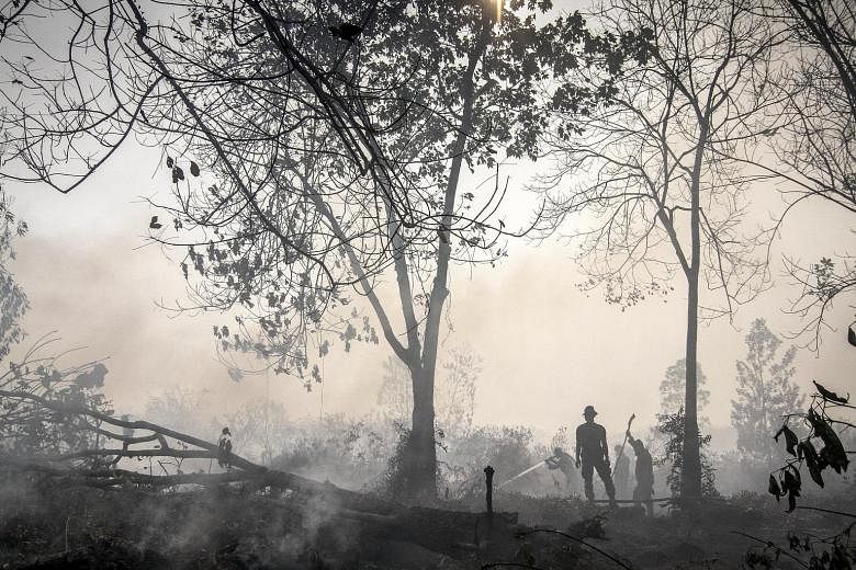 Indonesian officers spraying water on a peatland fire in Kampar, Riau province. Drained peatlands subside as they dry out, creating huge areas ripe for fires. Eventually, the land becomes vulnerable to flooding.