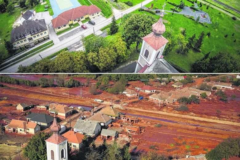 A general view of Kolontar village in Hungary on Wednesday (top) and on Oct 12 five years ago, eight days after the country's red sludge catastrophe. On Oct 4, 2010, the dike of a reservoir containing red mud at an alumina factory near Kolontar broke