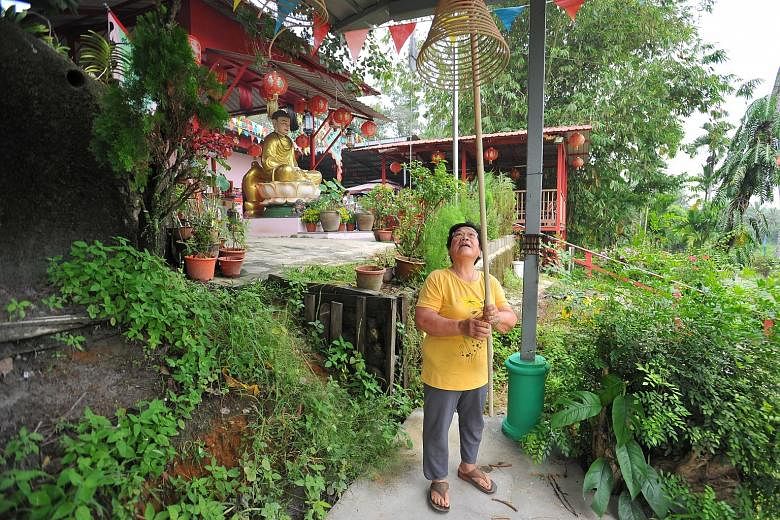 Ubin resident Ong Siew Fong, 72, who is one of the founders of the Wei To Temple, at the site. A Hindu shrine was recently established there alongside a Tibetan Buddhist temple and Taoist one.