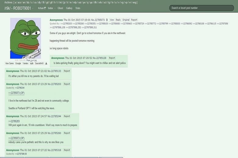 A screen grab of the messages on 4chan.org on Wednesday, including a warning not to go to school on Thursday "if you are in the northwest".