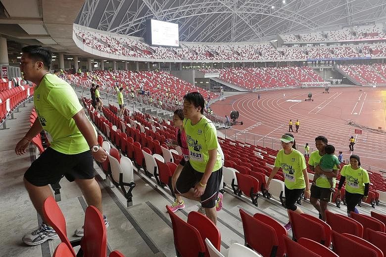 More than 500 participants walked up and down the stairways of the National Stadium yesterday morning in the inaugural Singapore Sports Hub Stepper challenge. They covered 2,000 steps as part of the Community Fun Stepper route and were flagged off by