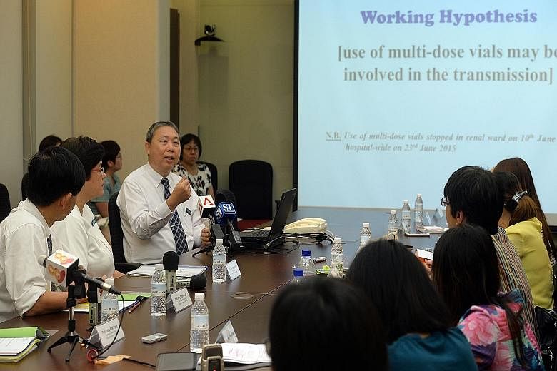 Professor Fong Kok Yong, chairman of SGH's medical board, giving a media briefing yesterday, together with (from left) Professor Ang Chong Lye, SGH's chief executive officer, and Dr Tracy Ayre, SGH's chief nurse. Prof Fong said the chance of the hepa