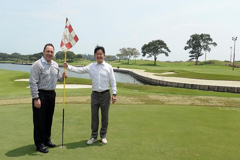 Above: Artist renderings of the Dusit Thani Laguna Singapore hotel that will open in 2017. Left: Laguna National managing director Patrick Bowers (far left) and executive director Kevin Kwee at the golf course.