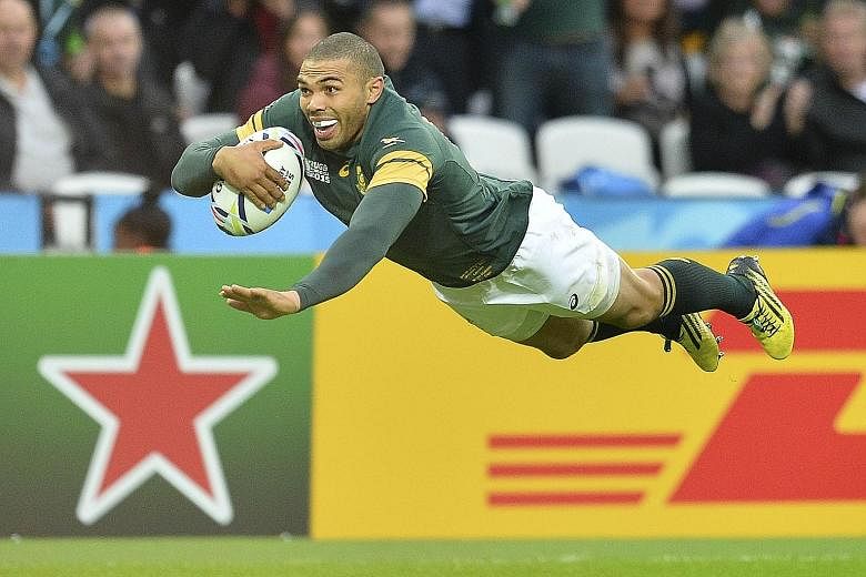 Springboks winger Bryan Habana scoring his third try against the US on Wednesday to equal Jonah Lomu's tally of 15 World Cup tries. Despite South Africa's emphatic 64-0 win, coach Heyneke Meyer cited the need to "stay humble" before their impending q