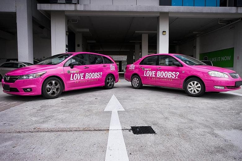 The tagline, "Love Boobs? So does cancer", was also plastered on cars running the app's GrabCar service to raise awareness about breast cancer.