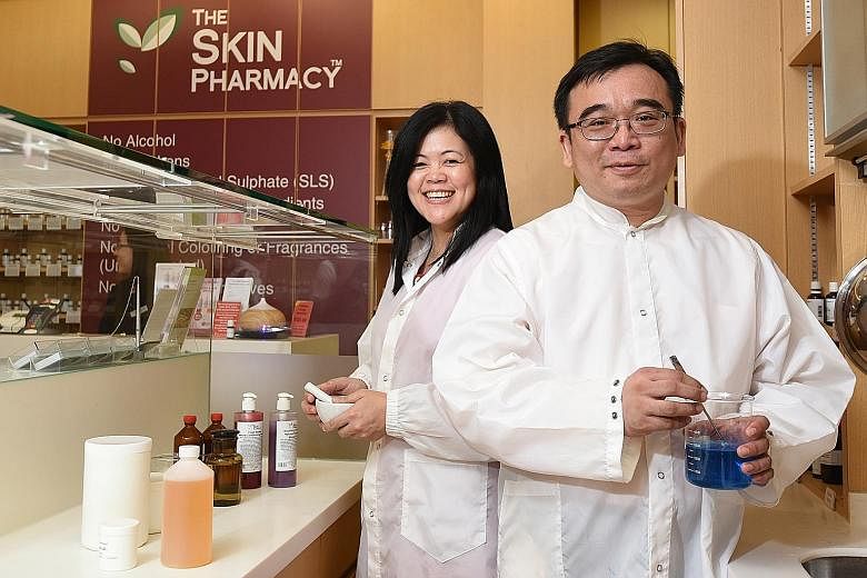 Married pharmacists and founders of The Skin Pharmacy chain of stores Mah Mei Hui (left) and Lau Min-tsek believe in a prudent business strategy, and hope to expand their skincare business overseas to places like Australia, as well as South-east Asia