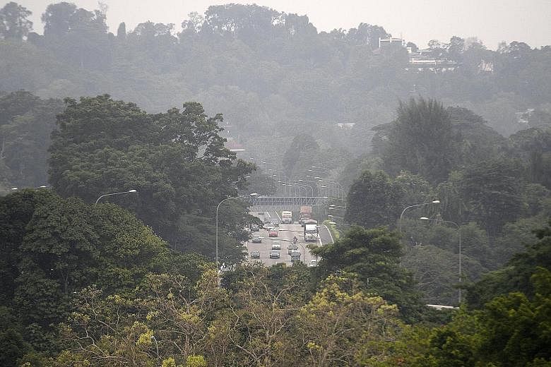 Hazy conditions on the Pan-Island Expressway near Bukit Timah at around 6pm yesterday, when the 24-hr PSI reading was 102-113.