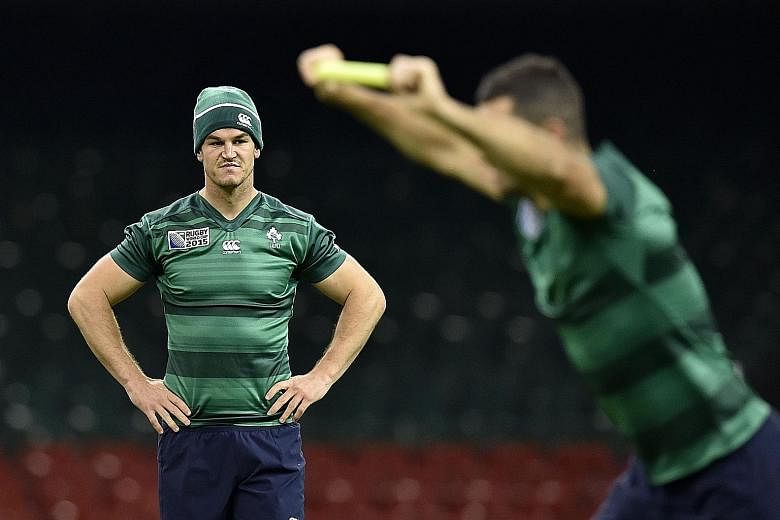 Ireland's Johnny Sexton at a training session on Wednesday. The fly-half has been ruled out of today's World Cup quarter-final against Argentina.